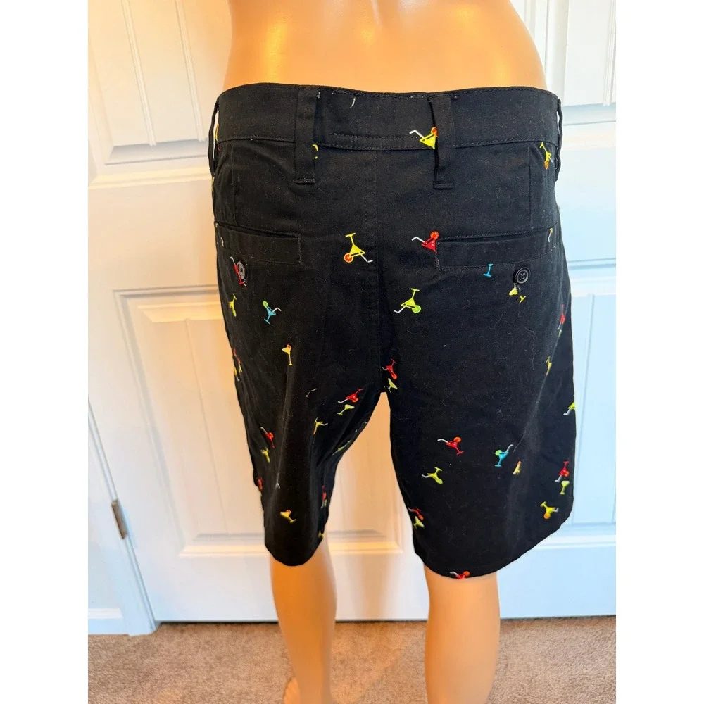 Raw Yarn Industries Black Cocktail Martini Embroidered Stretch Twill Shorts 32